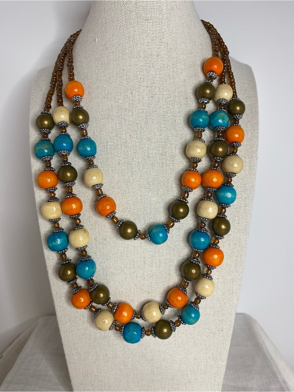 Wood Bead Multi Strand Necklace Boho Orange Blue Green Cream Artisan Handmade